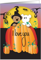 Halloween two bears in huge pumpkin, witch & goblin costumes card