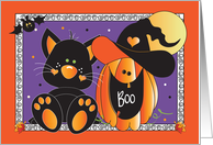 Hand Lettered Halloween BOO Black Cat and Witch Jack O Lantern card