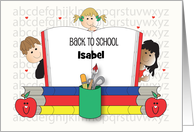 Back to School with Open Book Held by Students with Custom Name card