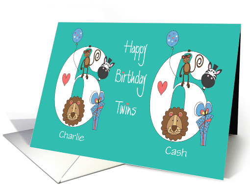 Birthday for 6 Year Old Twin Boys, Custom Names & Zoo Animals card