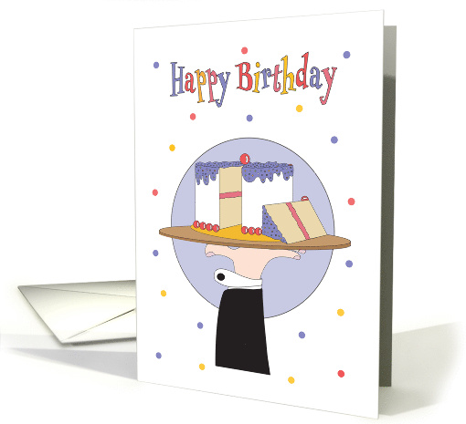 Birthday for Waiter, Hand in Black Suit Holding Tray with Cake card
