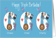 Birthday 6 year old boy Triplets, Custom Names & Zoo Animals card