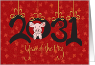 Hand Lettered Chinese Year of the Pig, 2031 with Pig and Bows card
