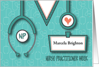 Nurse Practitioner NP Week, Stethoscope, Heart & Custom Name Tag card