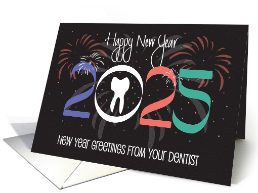 Hand Lettered New Year 2023 from Dentist with Fireworks and Tooth card