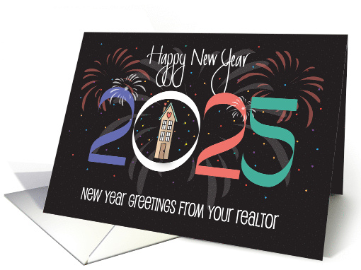 Hand Lettered New Year 2024 from your Realtor Fireworks and House card