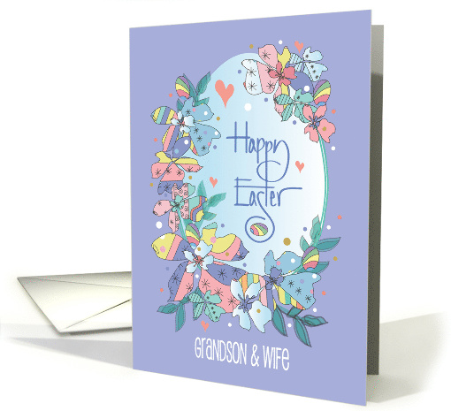 Hand Lettered Easter for Grandson & Wife Patterned Flowers on Egg card
