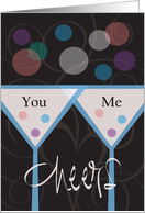 Hand Lettered You and Me Toasting Glasses, Cheers with Bubbles card