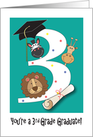 3rd Grade Graduation with Large 3, Zebra, Giraffe, Lion & Diploma card