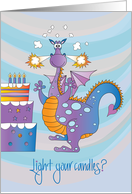 Birthday with Dragon and Tall Cake, Light your Candles card