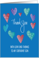 Hand Lettered Thank you to Caregiver Son with Decorated Hearts card