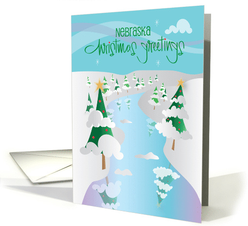Hand Lettered Christmas from Nebraska, River Scene with Trees card