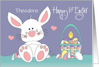 Hand Lettered First Easter White Bunny with Basket and Custom Name card