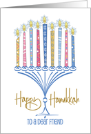 Hanukkah for Dear Friend with Blue Menorah and Decorated Candles card