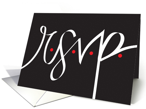 Hand Lettered R.S.V.P. White Lettering on Black with Red Dots card