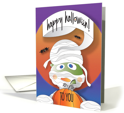 Hand Lettered Halloween with Wrapped Mummy Holding Pumpkin card