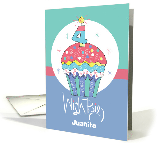 Birthday Cupcake 4 Year Old with Number Four Candle Custom Name card