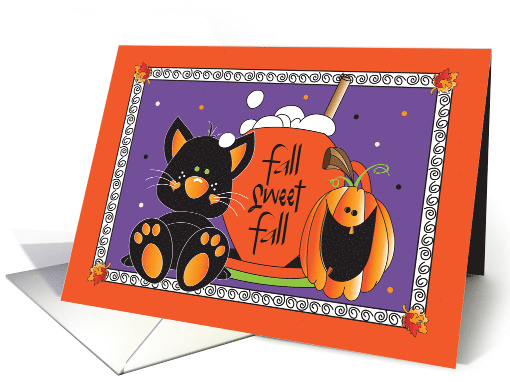 Halloween Autumn Fall Sweet Fall Cat and Pumpkin with Latte Cup card