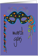 Mardi Gras Time with Decorated Polka Dot Mask & Colorful Ribbons card