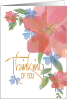 Hand Lettered Thinking of You with Watercolor Pink and Blue Flowers card