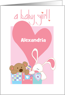 Hand Lettered Baby Girl Congratulations Bear and Bunny Custom Name card