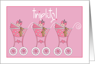 Hand Lettered Triplet Baby Girl Congratulations with Pink Strollers card