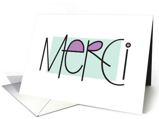 Merci, French Thank you Note Card in grayed jade and violet card