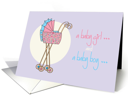 Girl and boy twin grandchildren congratulations with strollers card