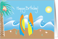 Happy Birthday for Surfer with beach, surfboards & waves card