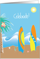 Congratulations for Surfing Event with beach, surfboards & waves card