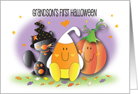 1st Halloween for Grandson, Black Kitty, Candy Corn and Pumpkin card