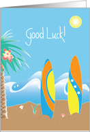 Good Luck on Surfing Event with surfboards on beach card