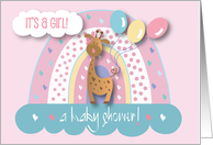 Hand Lettered Baby Girl Shower Invitation Giraffe Rainbow and Balloons card