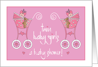 Hand Lettered Baby Shower Invitation Twin Girls with Pink Strollers card