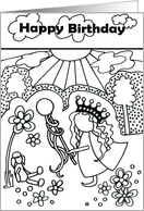 Happy Birthday Girl’s Coloring Page Greeting Card with little Princess card