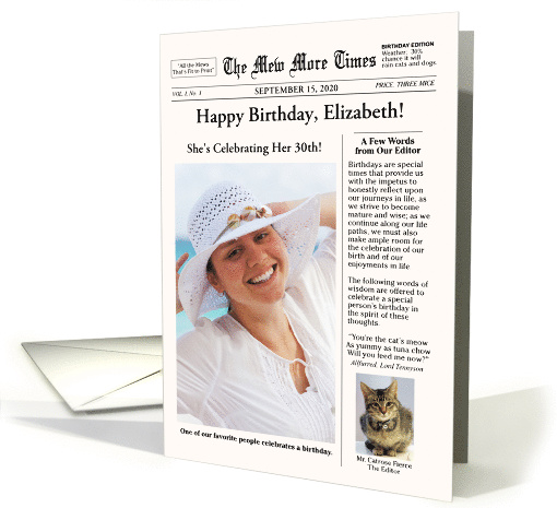 Newspaper Style with Cat Customizable Text and Photo Birthday card
