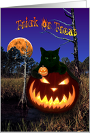 Black Cat & Pumpkin / Jack O’Lantern under Harvest Moon Halloween card