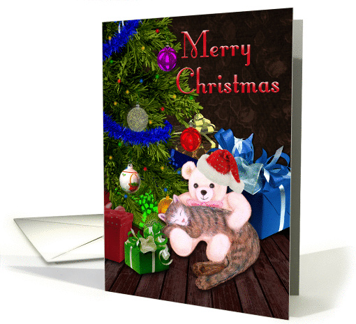 Cat with Teddy Bear Sleeping Under Christmas Tree card (884458)