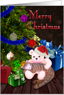 Cat with Teddy Bear Sleeping Under Christmas Tree card