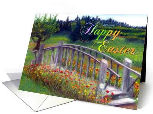 Happy Easter with Footbridge, Flowers & Haiku On Ladybug Lane card