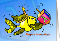 Happy Hanukkah Chanuka Sparky Yellow fun Fish Comic Drawing card
