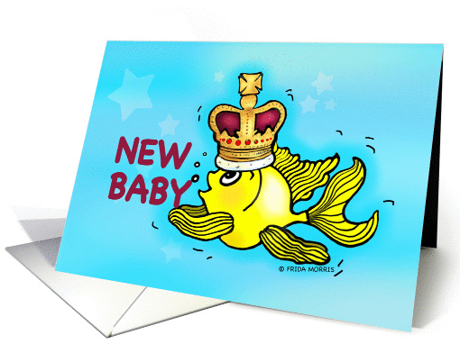 New Baby Announcement cute goldfish wearing a crown cartoon card