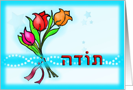 Toda Hebrew Teacher thank you wishes lush flowers on bright blue card