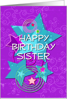 Sister Happy Birthday Colorful Stars and Swirls card