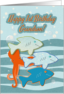 Happy 1st Birthday Grandson Sharks and Octopus in the Ocean card