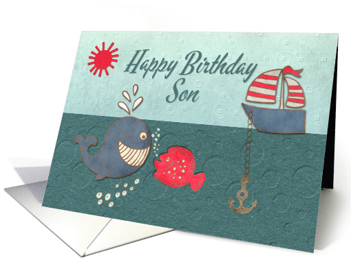 Son Happy Birthday Cute Whale and Fish with Boat Nautical Theme card