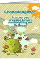 Happy Birthday Granddaughter Girly Cute 3 Eye Monster with Rainbow card