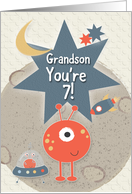 Happy 7th Birthday for Grandson You’re 7 Outer Space Aliens and Stars card