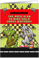 Happy Birthday Race Themed Rabbit and Turtle Custom Name card