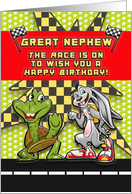 Happy Birthday to Great Nephew Race Themed Rabbit and Turtle card